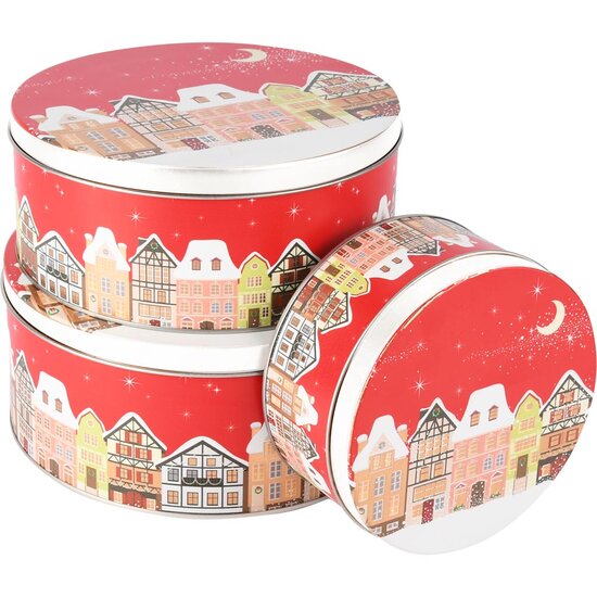 Dekoratief | Set 3 bewaardozen 'Winter Village', rood/wit, metaal, 20x20x9cm | A255904