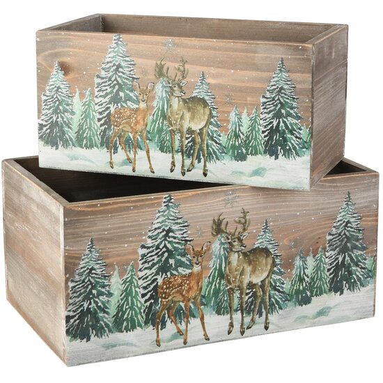 Dekoratief | Set 2 bakjes 'Winter Deer', naturel, hout, 26x16x12cm | A255913
