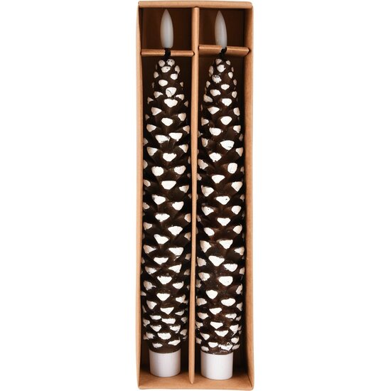 Dekoratief | Box 2 kaarsen &#039;Pinecone&#039;, bruin/wit, LED, 4x4x25cm | A255945