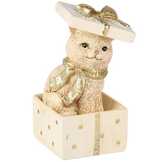 Dekoratief | Poes in cadeautje, wit/goud, resina, 7x7x10cm | A255963