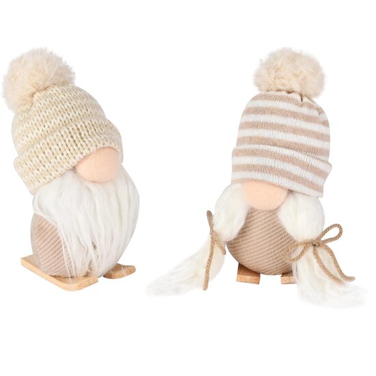 Dekoratief | Gnoom op ski&#039;s, bruin/wit, stof, 8x8x15cm, set van 2 stuks | A255971