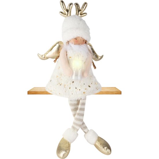 Dekoratief | Engelpopje m/kaarsje, wit/goud, stof, LED, 10x10x51cm | A255972
