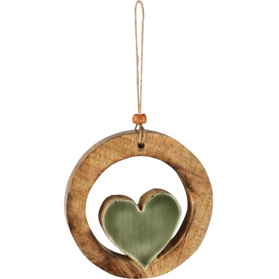 Dekoratief | Hanger ring m/hart, groen/naturel, hout/email, 10x2x10cm | A258006