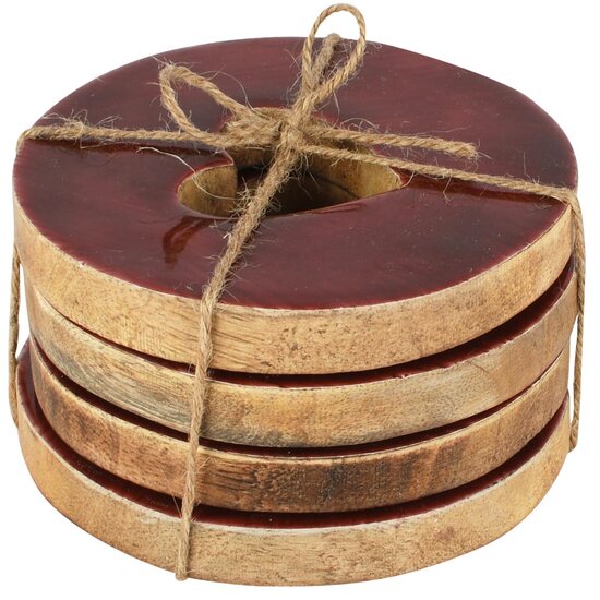 Dekoratief | Set 4 coasters hart, bordeaux/naturel, hout/email, 10x10x1cm | A258009