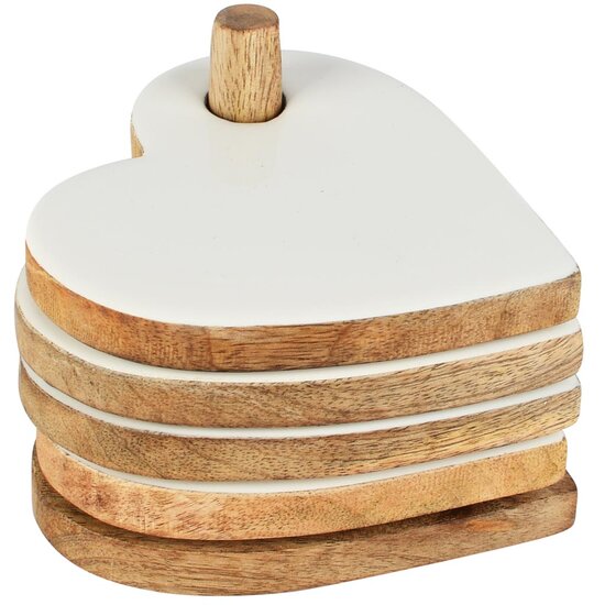 Dekoratief | Set 4 coasters, wit/naturel, hout/email, 10x11x7cm | A258019