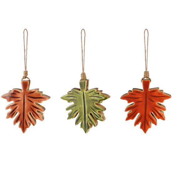 Dekoratief | Hanger herfstblaadje, groen/bruin/oranje, hout, 10x2x11cm, set van 3 stuks | A258022