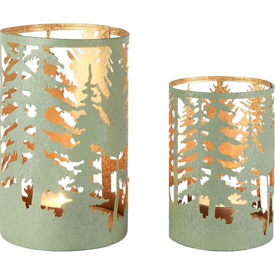 Dekoratief | Set 2 Waxinelichthouders 'Pine Forest', groen/goud, metaal, 13x13x20cm | A258041