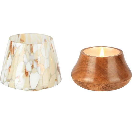 Dekoratief | Lampje geurkaars &#039;Brushed Copper White&#039;, glas/hout/wax, 10x10x13cm | A258081