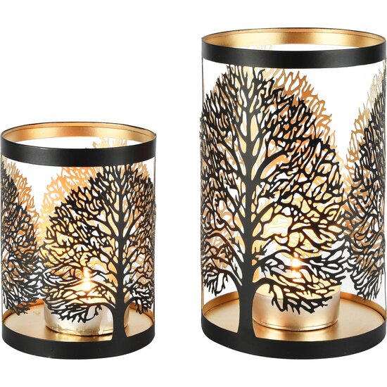 Dekoratief | Set 2 Waxinelichthouders 'Massive Tree', zwart/goud, metaal, 12x12x20cm | A258091