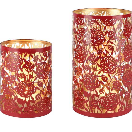 Dekoratief | Set 2 Waxinelichthouders 'Wild Roses', rood/goud, metaal, 12x12x20cm | A258093