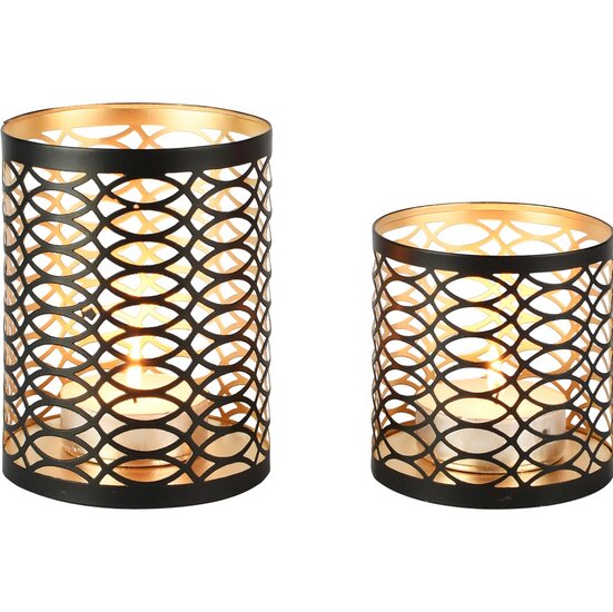 Dekoratief | Set 2 Waxinelichthouders 'Cascada Spiral', zwart/goud, metaal, 10x10x14cm | A258094