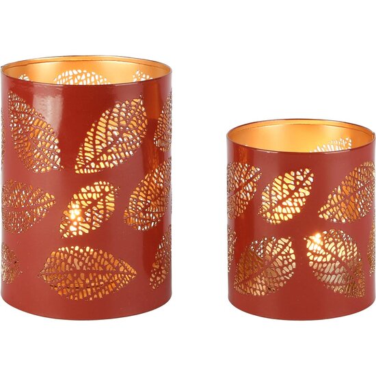 Dekoratief | Set 2 Waxinelichthouders 'Elliptical Leaves', rood/goud, metaal, 10x10x14cm | A258096