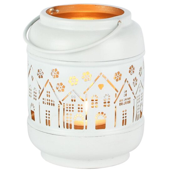 Dekoratief | Windlicht m/handvat 'Festive Village', wit/goud, metaal, 9x9x12cm | A258098