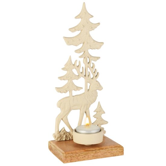 Dekoratief | Theelichthouder hert m/bomen, crème, aluminium/hout, 10x8x23cm | A258137