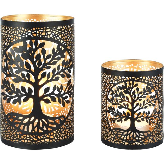 Dekoratief | Set 2 Waxinelichthouders 'Arbre de Vie', zwart/goud, metaal, 12x12x21cm | A258160