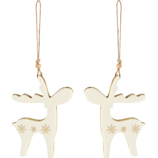 Dekoratief | Hanger rendier m/sneeuwvlokje, wit/goud, hout, 15x11x2cm, set van 2 stuks | A258270