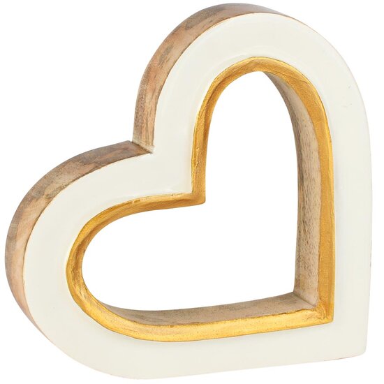 Dekoratief | Deco hart, wit/goud/naturel, hout, 15x15x3cm | A258402