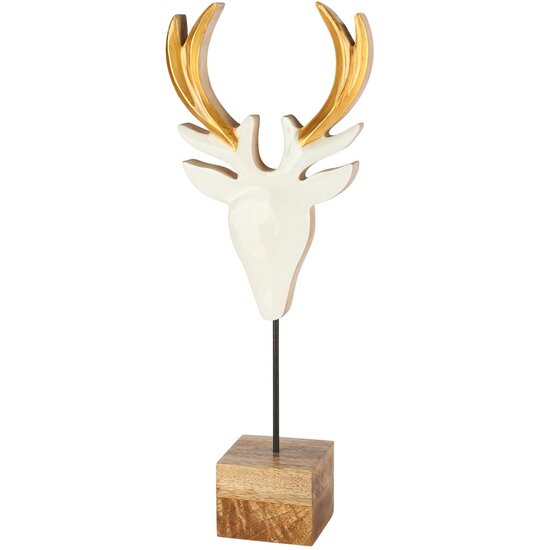 Dekoratief | Hertenkop op voet, wit/goud/naturel, hout, 16x8x42cm | A258403