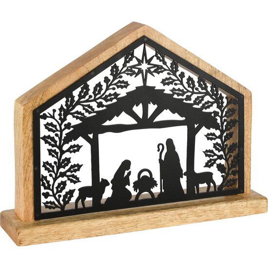 Dekoratief | Kerststal m/figuren, zwart/naturel, hout, 24x5x19cm | A258420