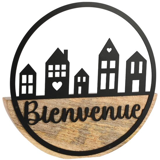 Dekoratief | Deco 'Bienvenue' in cirkel, zwart/naturel, metaal/hout, 24x3x23cm | A258422