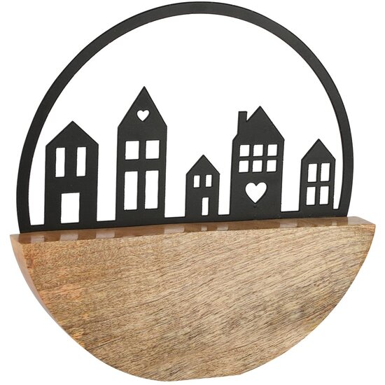 Dekoratief | Deco 'Bienvenue' in cirkel, zwart/naturel, metaal/hout, 24x3x23cm | A258422