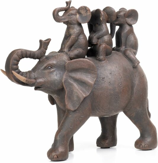 Beeld Olifant vader met kindjes olifanten op rug bruin zwart 24 x 26 x 9,5 cm polyresin | CT-124 | Home Sweet Home