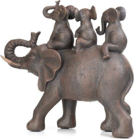 Beeld Olifant vader met kindjes olifanten op rug bruin zwart 24 x 26 x 9,5 cm polyresin | CT-124 | Home Sweet Home