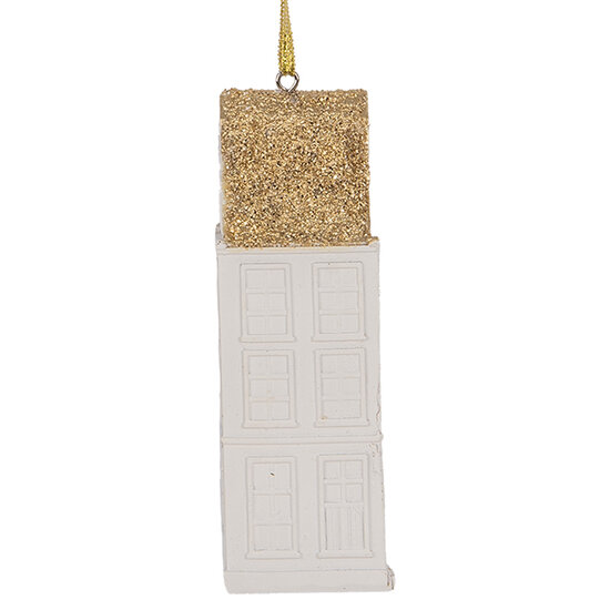 Clayre &amp; Eef | Decoratie hanger Huisje Wit Goudkleurig 4x4x11 cm | 6PR5611