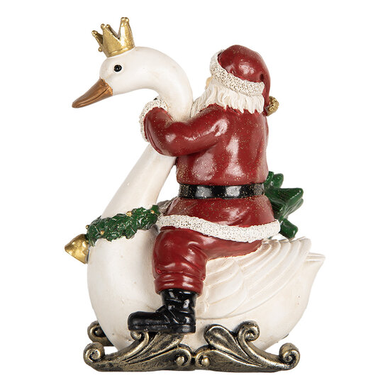Clayre &amp; Eef | Kerstdecoratie Kerstman op zwaan Rood Wit 13x10x16 cm | 6PR5671