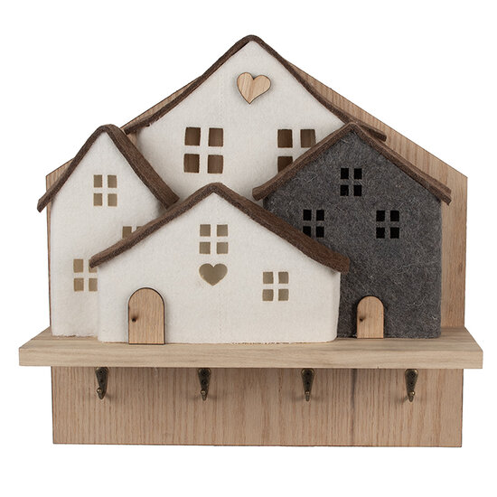 Clayre & Eef | Kapstok met Vilten Huizen Bruin Wit 40x13x40 cm | 66307