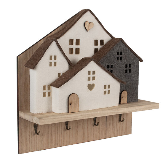 Clayre & Eef | Kapstok met Vilten Huizen Bruin Wit 40x13x40 cm | 66307