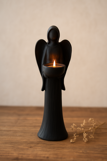 Kaarsenhouder engel antraciet / zwart polyresin 33 x 11 cm waxinelichtje |814137 | Home Sweet Home | Stoer & Sober Woonstijl