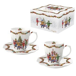 Dekoratief | Set 2 kopjes m/schoteltje 'Christmas Round Dance', porselein, 110ml | A236021