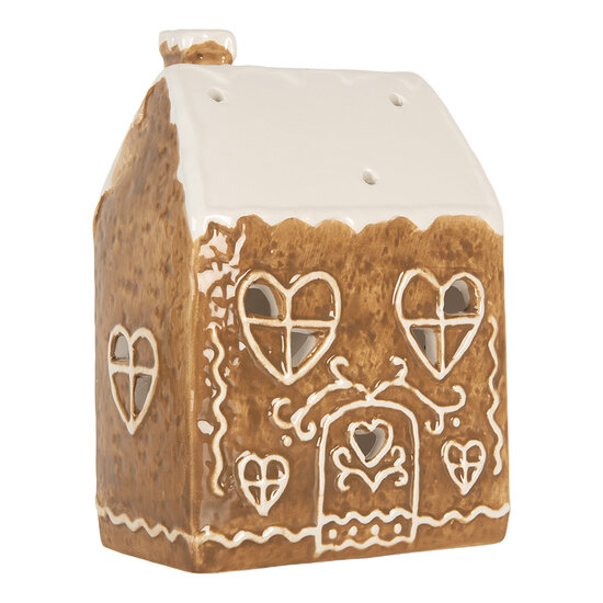 Clayre &amp; Eef | Theelichthouder Kerst Huisje Bruin Wit 12x7x16 cm | 6CE2323