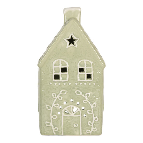 Clayre & Eef | Theelichthouder Kerst Huisje Groen Wit 11x9x21 cm | 6CE2328