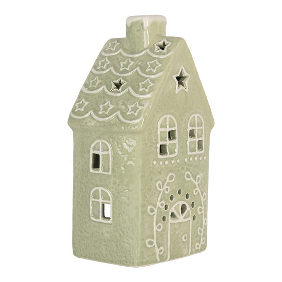 Clayre & Eef | Theelichthouder Kerst Huisje Groen Wit 11x9x21 cm | 6CE2328