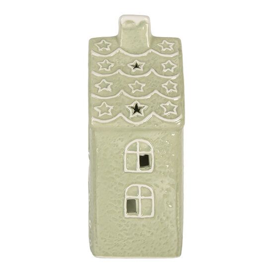 Clayre & Eef | Theelichthouder Kerst Huisje Groen Wit 11x9x21 cm | 6CE2328