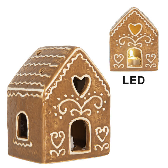 Clayre &amp; Eef | Decoratie Huisje met LED Bruin Wit 8x6x10 cm | 6CE2330