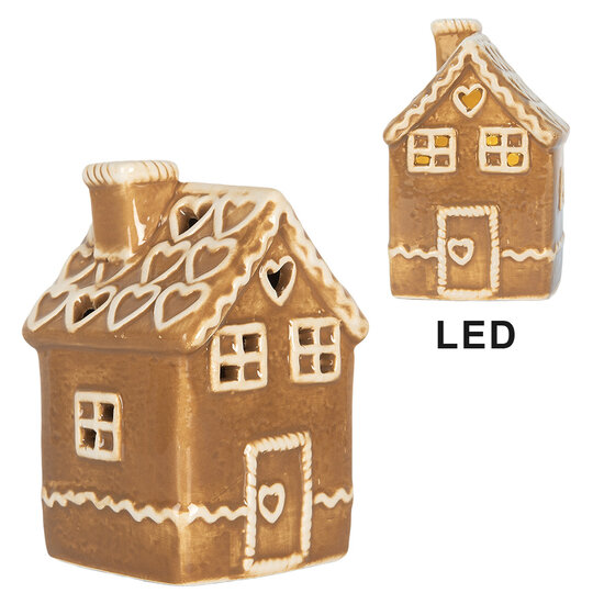Clayre &amp; Eef | Decoratie Huisje met LED Bruin Wit 7x7x11 cm | 6CE2331