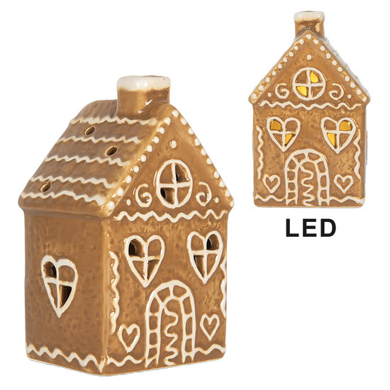 Clayre &amp; Eef | Decoratie Huisje met LED Bruin Wit 7x6x12 cm | 6CE2332
