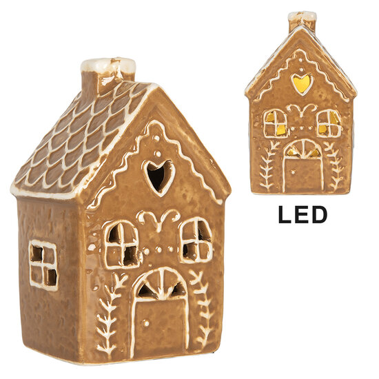 Clayre & Eef | Decoratie Huisje met LED Bruin Wit 7x6x12 cm | 6CE2333