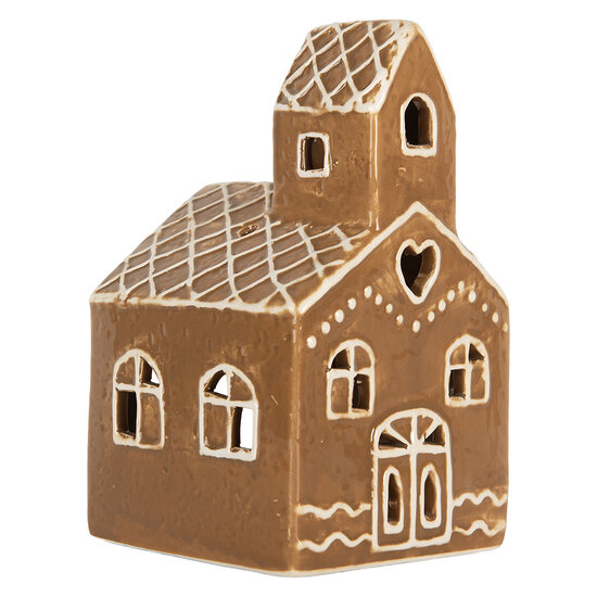 Clayre &amp; Eef | Theelichthouder Kerst Huisje Bruin Wit 10x10x16 cm | 6CE2335