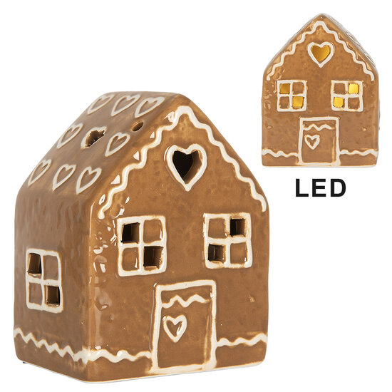 Clayre &amp; Eef | Decoratie Huisje met LED Bruin Wit 8x6x10 cm | 6CE2337