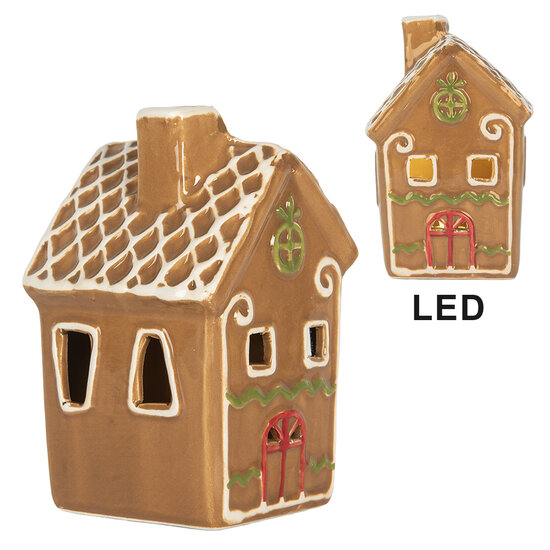 Clayre &amp; Eef | Decoratie Huisje met LED Bruin Wit 8x8x12 cm | 6CE2349