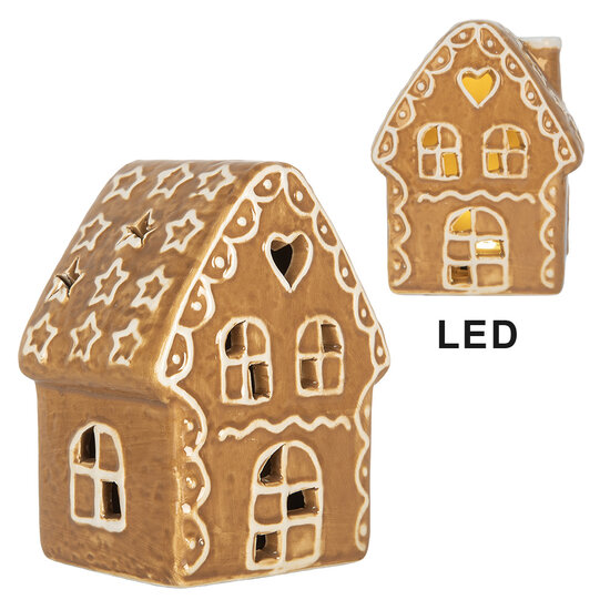 Clayre & Eef | Decoratie Huisje met LED Bruin Wit 8x6x11 cm | 6CE2355