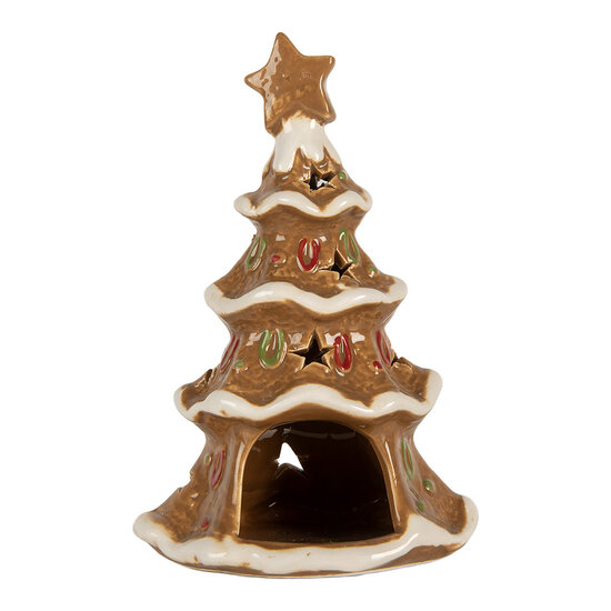 Clayre &amp; Eef | Theelichthouder Kerstboom Bruin Wit 11x8x17 cm | 6CE2362
