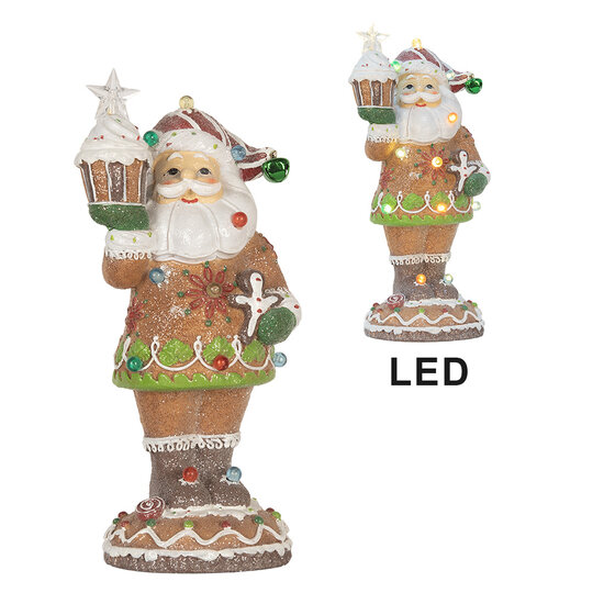 Clayre &amp; Eef | Kerstdecoratie Kerstman met LED Bruin Wit 15x13x32 cm / 3xAAA | 6PR5853