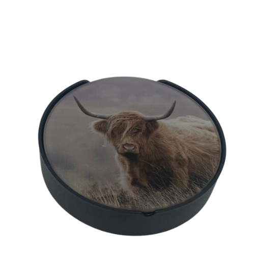 Onderzetters voor glazen set van 4 schotse hooglander met houder glas ø 10 cm | G6249017 | Stoer & Sober