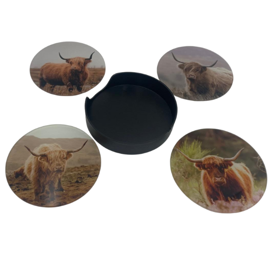 Onderzetters voor glazen set van 4 schotse hooglander met houder glas ø 10 cm | G6249017 | Stoer & Sober