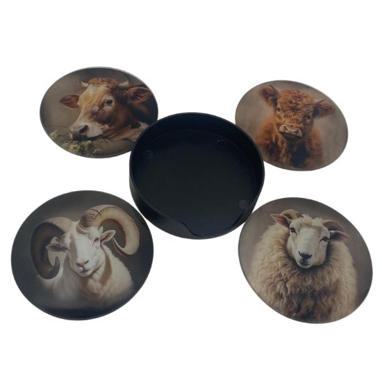 Onderzetters voor glazen set van 4 dieren ram schaap hooglander met houder glas ø 10 cm | G6249048 | Stoer & Sober